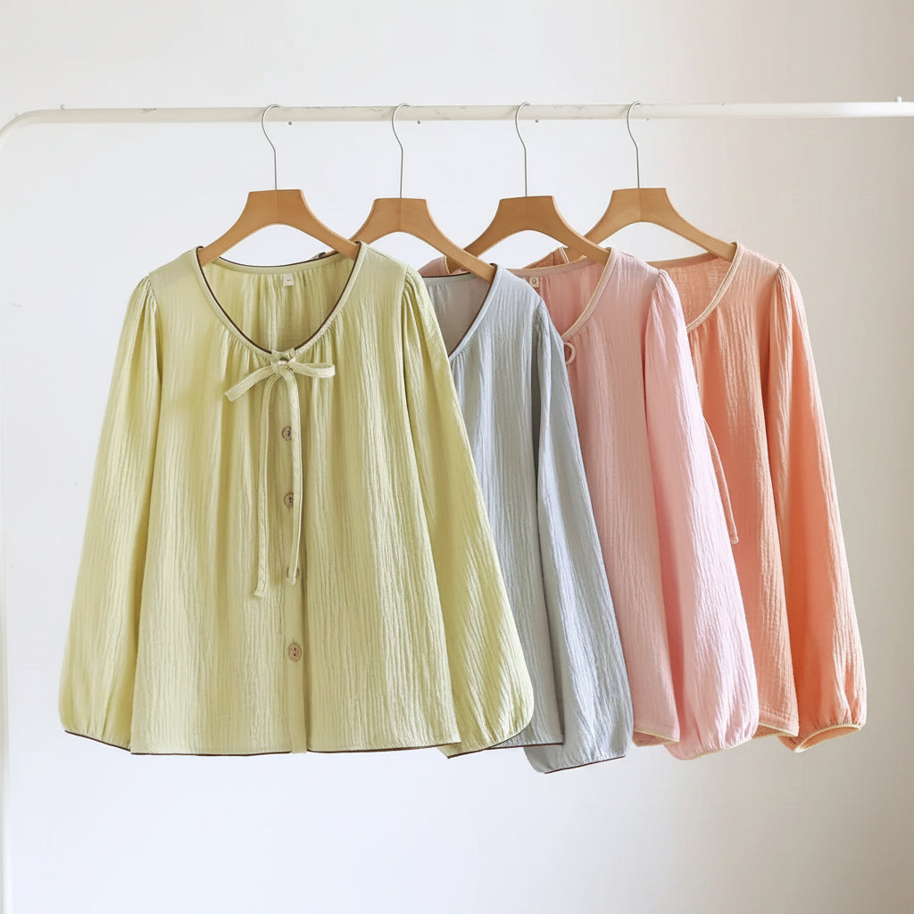 Cotton Button Down Bow Long Sleeve