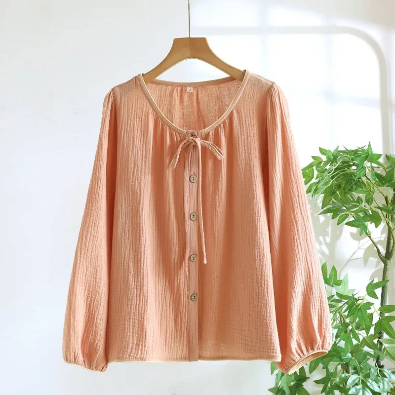 Cotton Button Down Bow Long Sleeve
