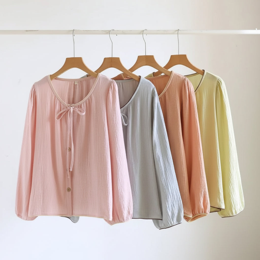 Cotton Button Down Bow Long Sleeve