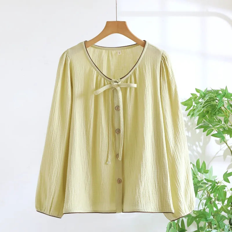 Cotton Button Down Bow Long Sleeve