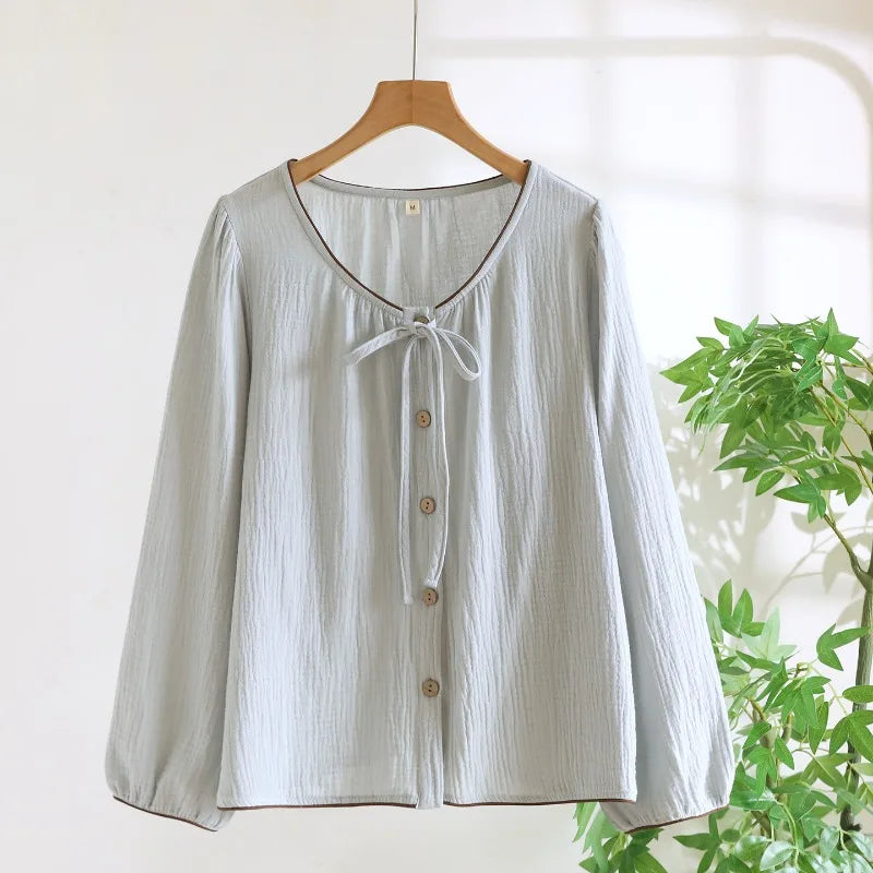 Cotton Button Down Bow Long Sleeve