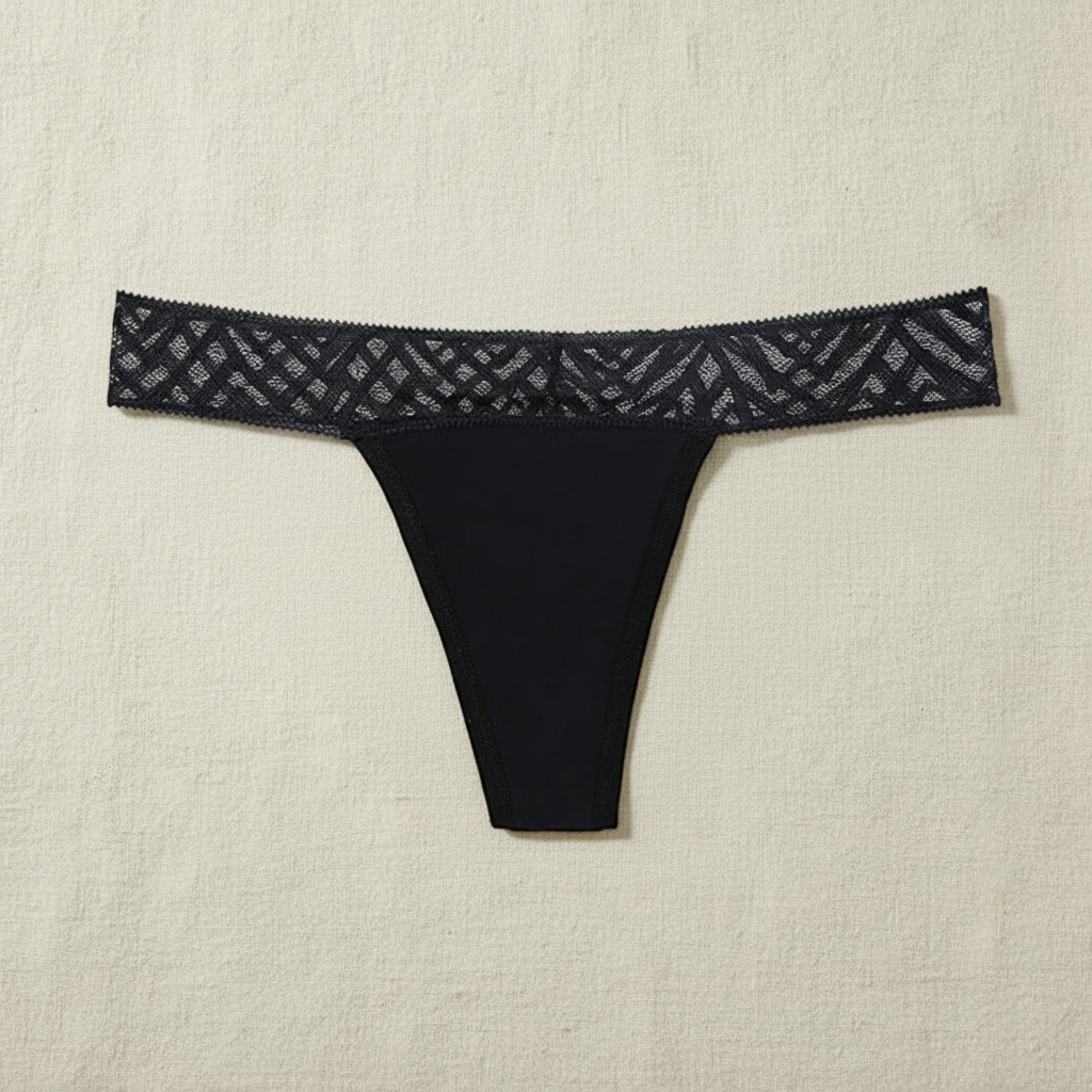 Black Cotton Thong with Mesh Lace Waistband