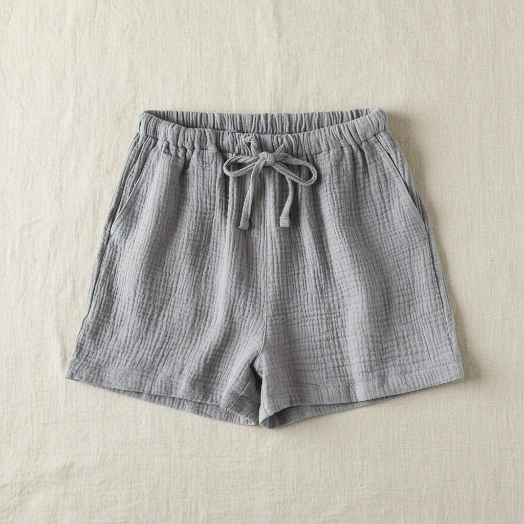 Grey Shorts Flat Lay on Linen Background