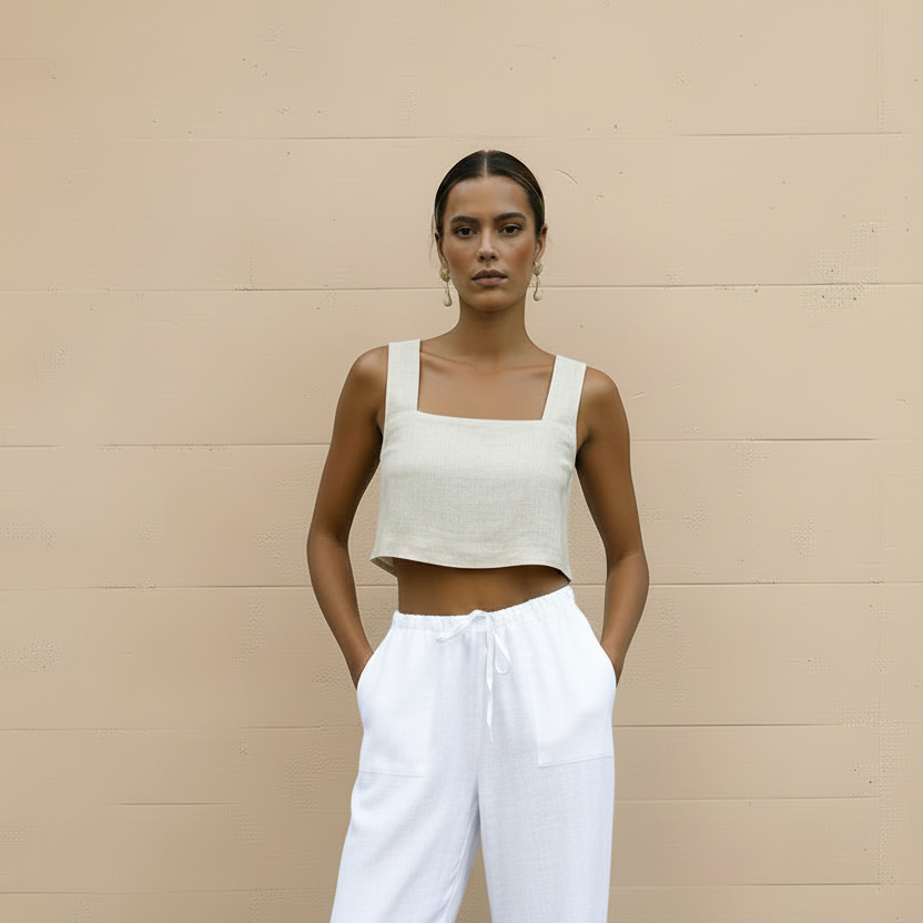 Natural Linen Top with White Pants