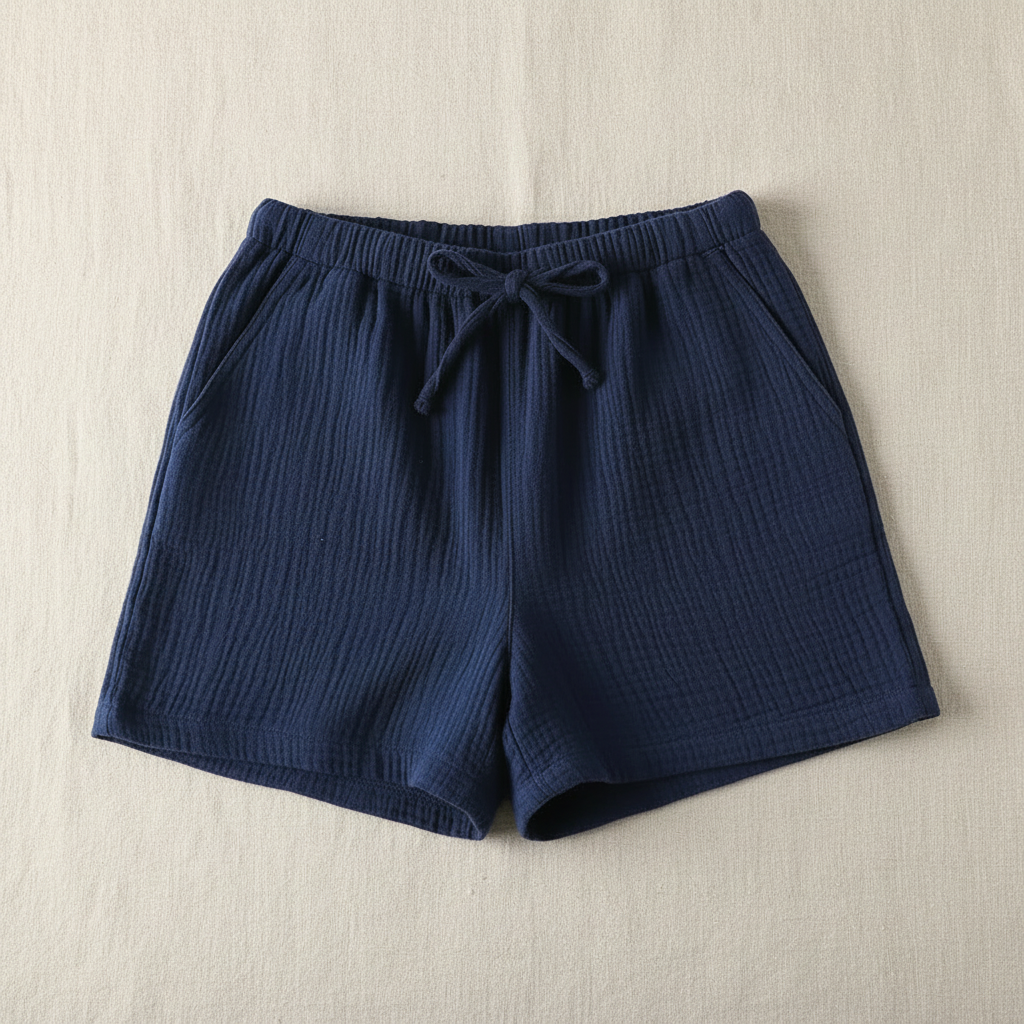 Navy Shorts Linen Background Flat Lay