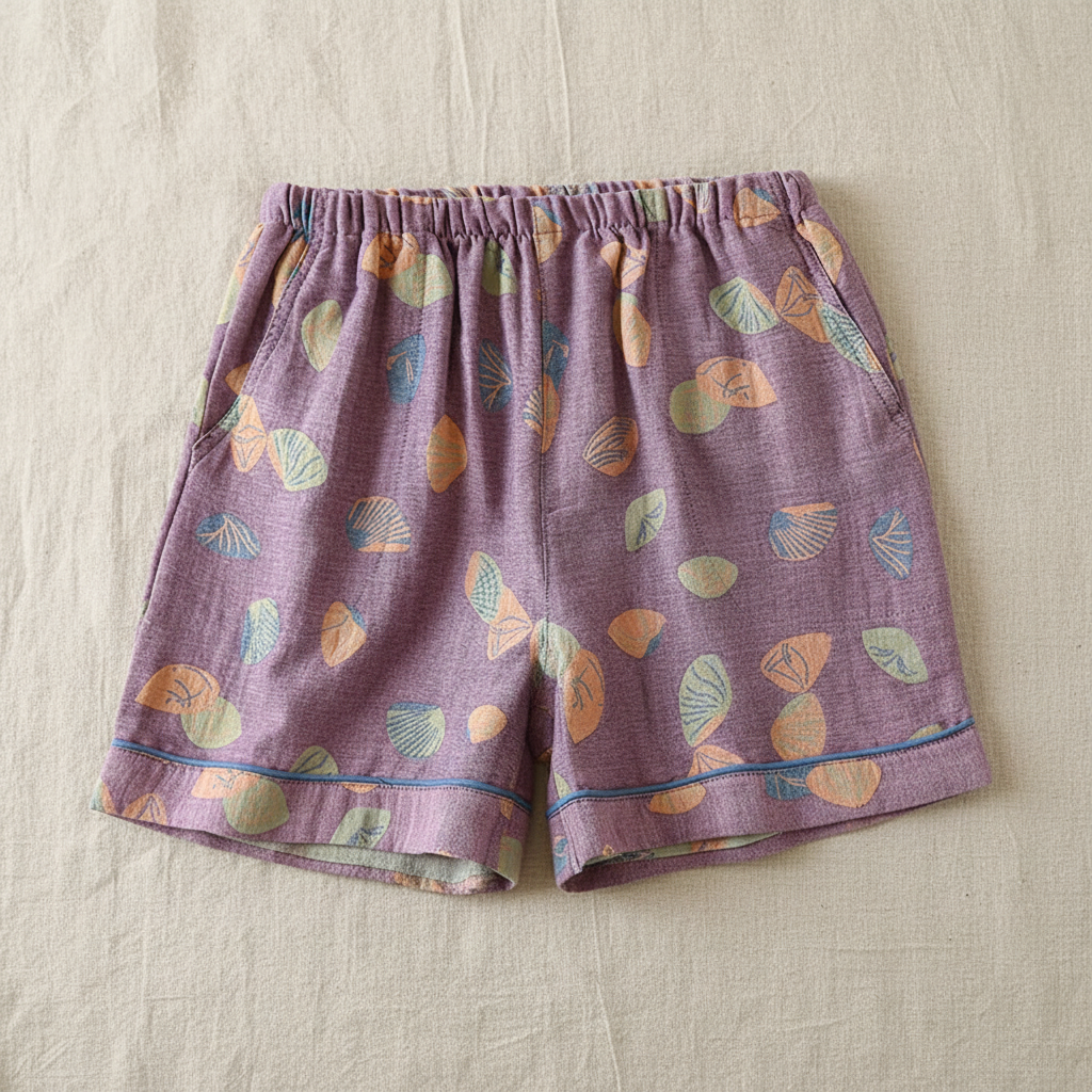 Purple Seashell Print Shorts Flat Lay