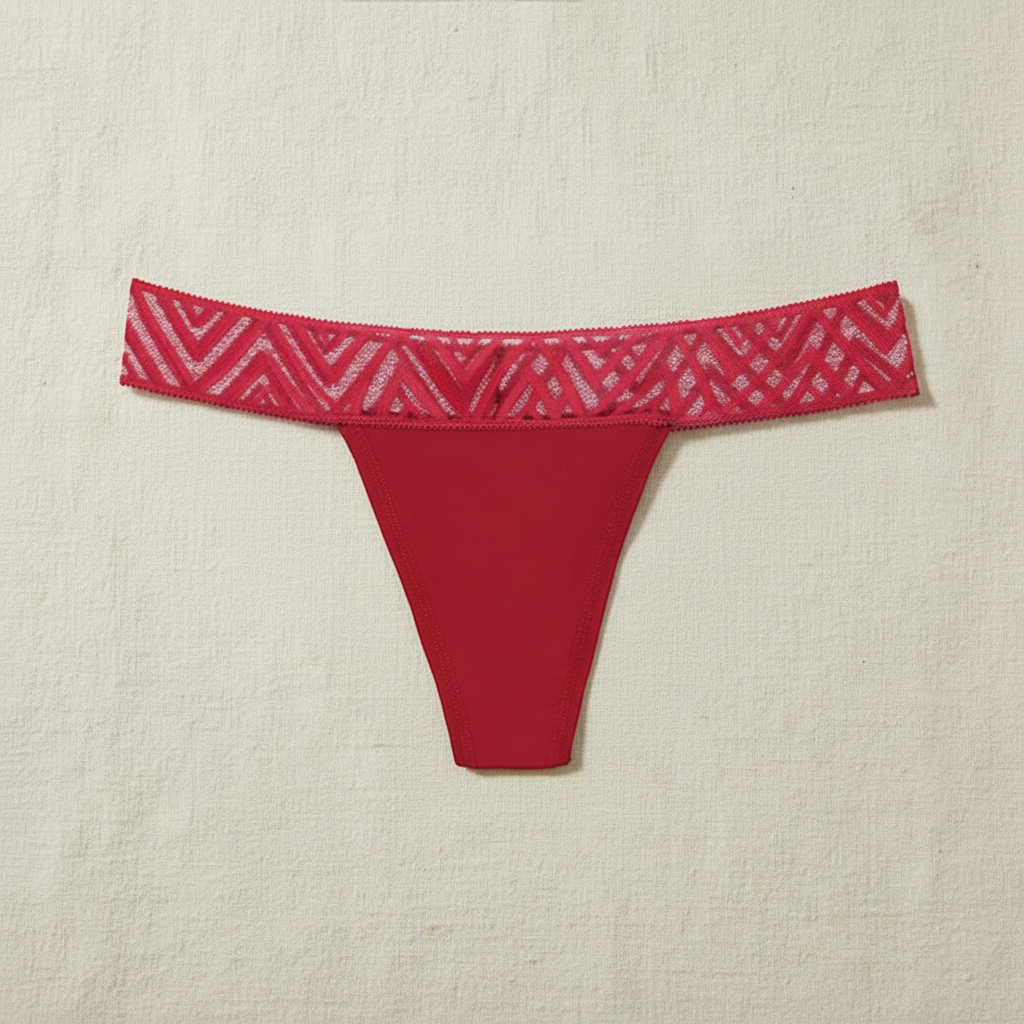 Red Cotton Thong with Mesh Lace Waistband