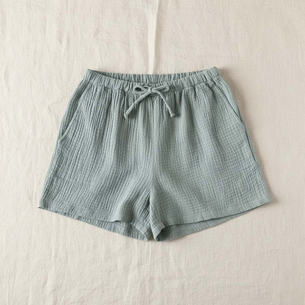 Sage Green Shorts Linen Background Flat Lay